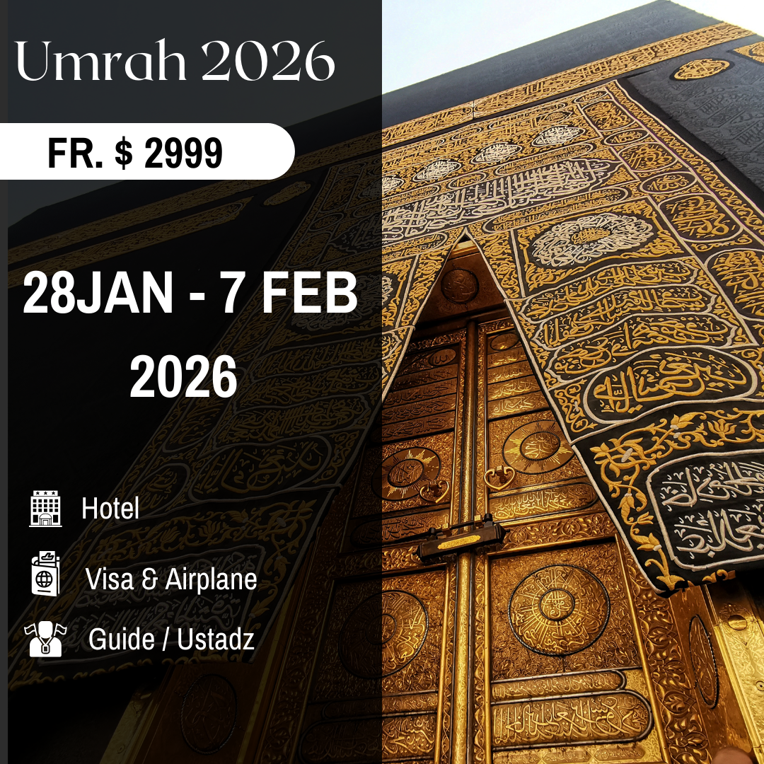 28 January - 7 February 2026 - Front cover of a professionally designed Umrah brochure for 2025, featuring the Kaaba at Masjid al-Haram with golden minarets and pilgrims in white ihram. Text highlights ‘Trusted Umrah Packages from Singapore – Flights, Hotels, Ziyarah & Guidance Included’ with contact details and agency logo at the bottom.