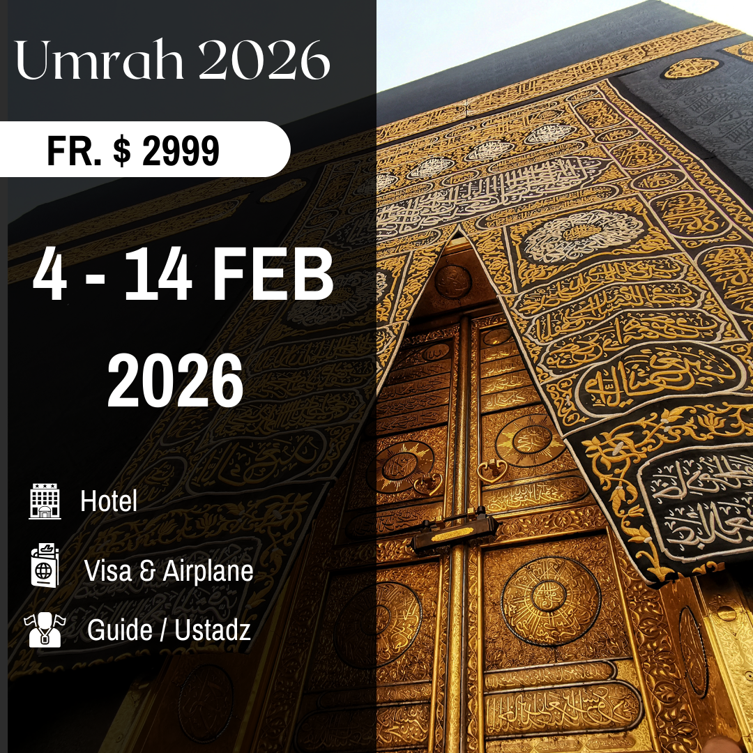 4 - 14 Feb 2026 - Front cover of a professionally designed Umrah brochure for 2025, featuring the Kaaba at Masjid al-Haram with golden minarets and pilgrims in white ihram. Text highlights ‘Trusted Umrah Packages from Singapore – Flights, Hotels, Ziyarah & Guidance Included’ with contact details and agency logo at the bottom.